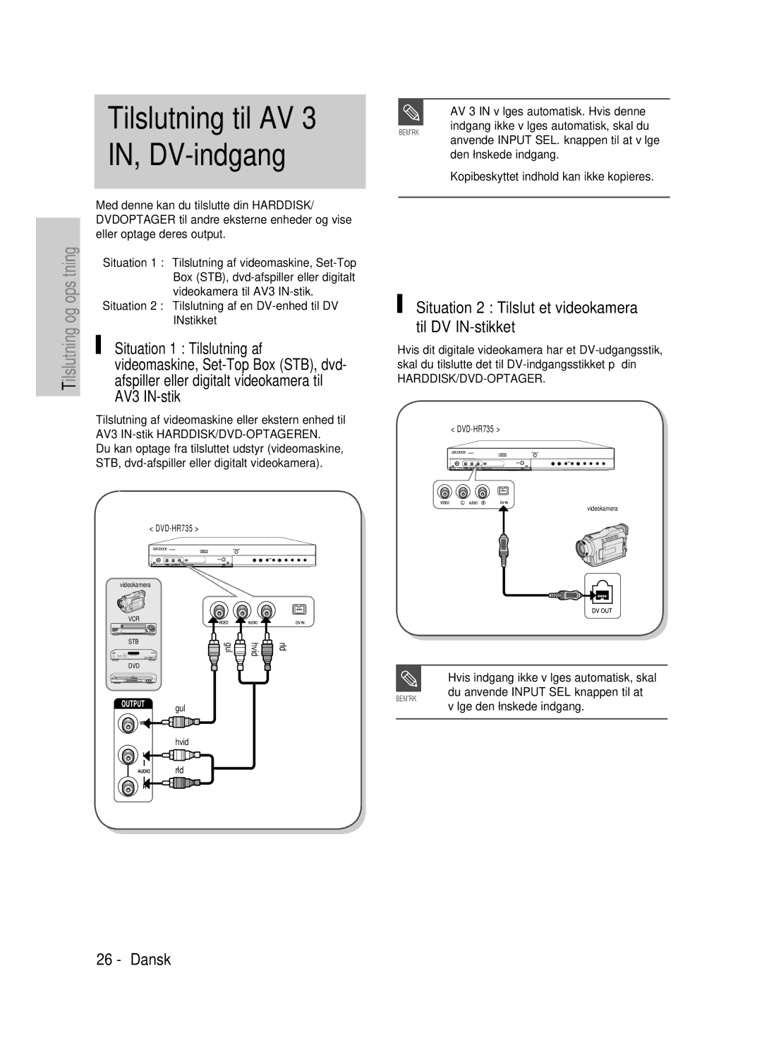 Samsung DVD-P390/XEE manual Situation 1 Tilslutning af, AV3 IN-stik, Situation 2 Tilslut et videokamera til DV IN-stikket 