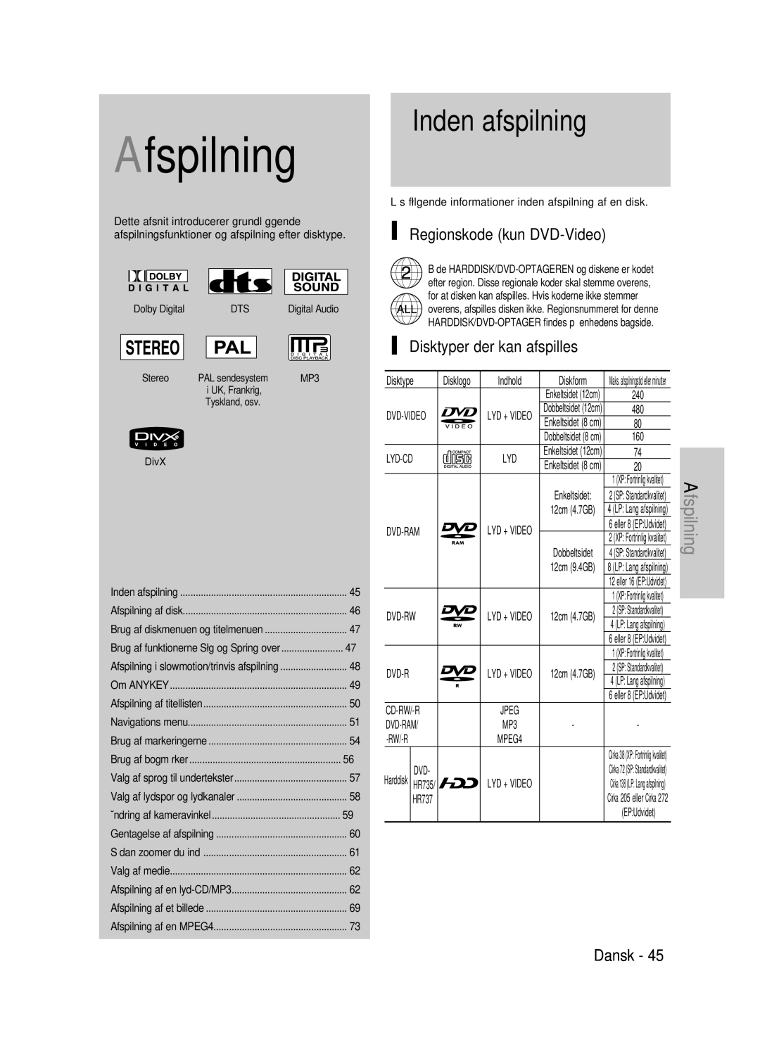 Samsung DVD-HR735/XEE, DVD-HR737/XEE, DVD-P390/XEE Inden afspilning, Regionskode kun DVD-Video, Disktyper der kan afspilles 