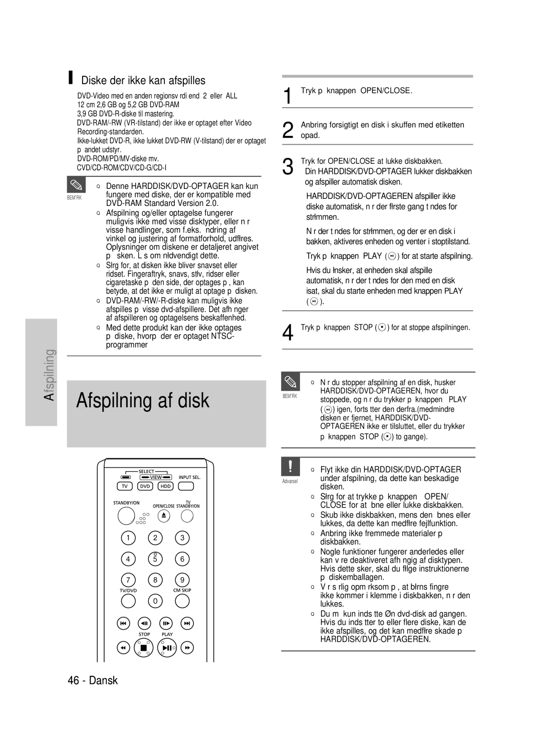 Samsung DVD-HR737/XEE, DVD-HR735/XEE, DVD-P390/XEE manual Afspilning af disk, Diske der ikke kan afspilles 