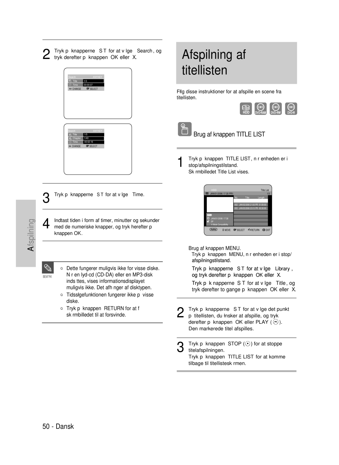 Samsung DVD-P390/XEE Afspilning af titellisten, Brug af knappen Title List, Dette fungerer muligvis ikke for visse diske 