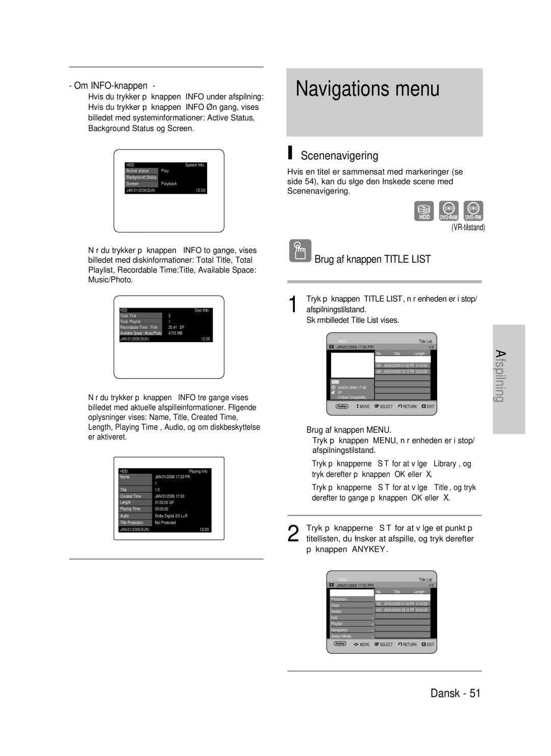 Samsung DVD-HR735/XEE, DVD-HR737/XEE, DVD-P390/XEE manual Navigations menu, Scenenavigering, VR-tilstand 