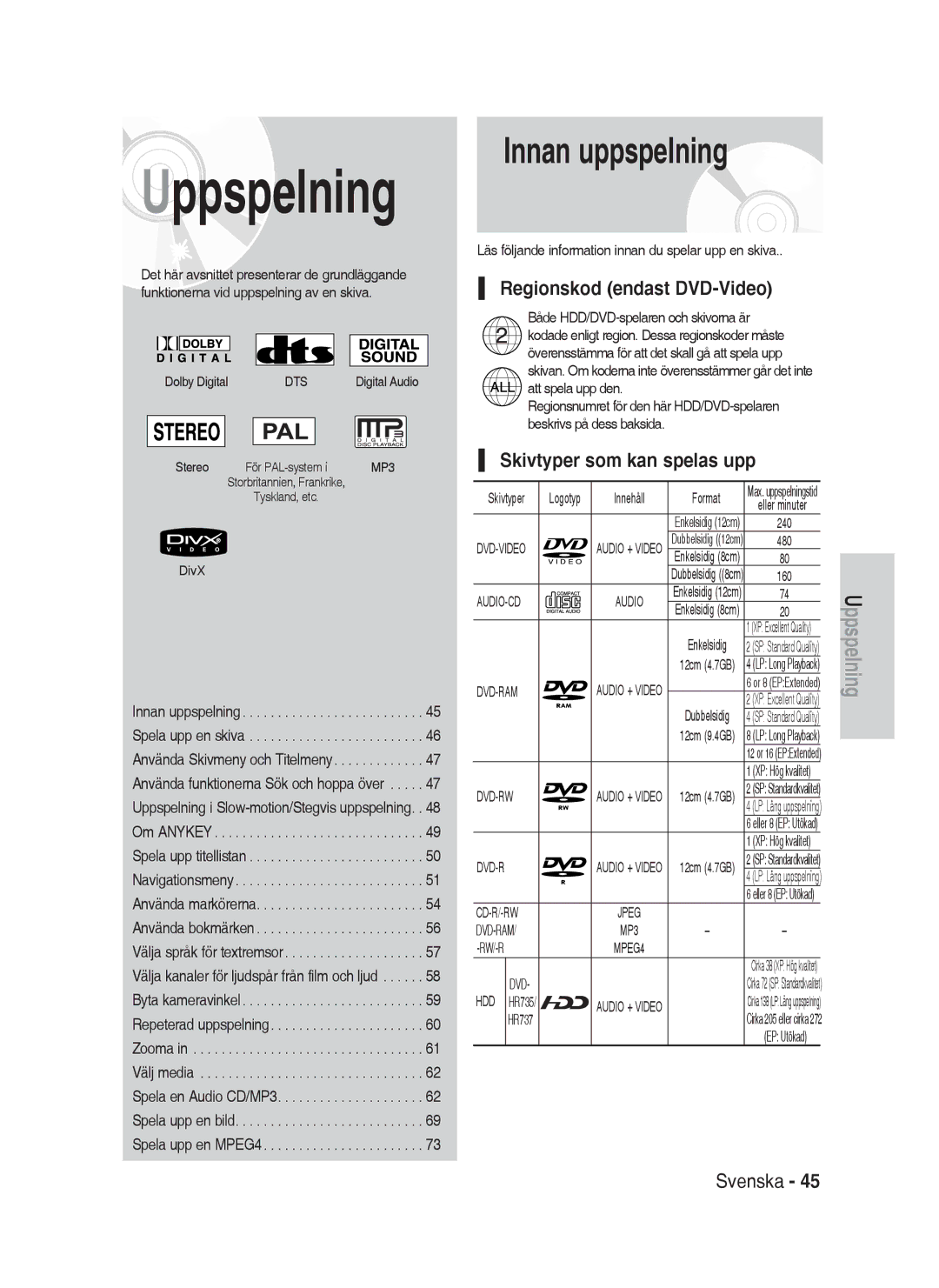 Samsung DVD-HR735/XEE, DVD-HR737/XEE manual Innan uppspelning, Regionskod endast DVD-Video, Skivtyper som kan spelas upp 