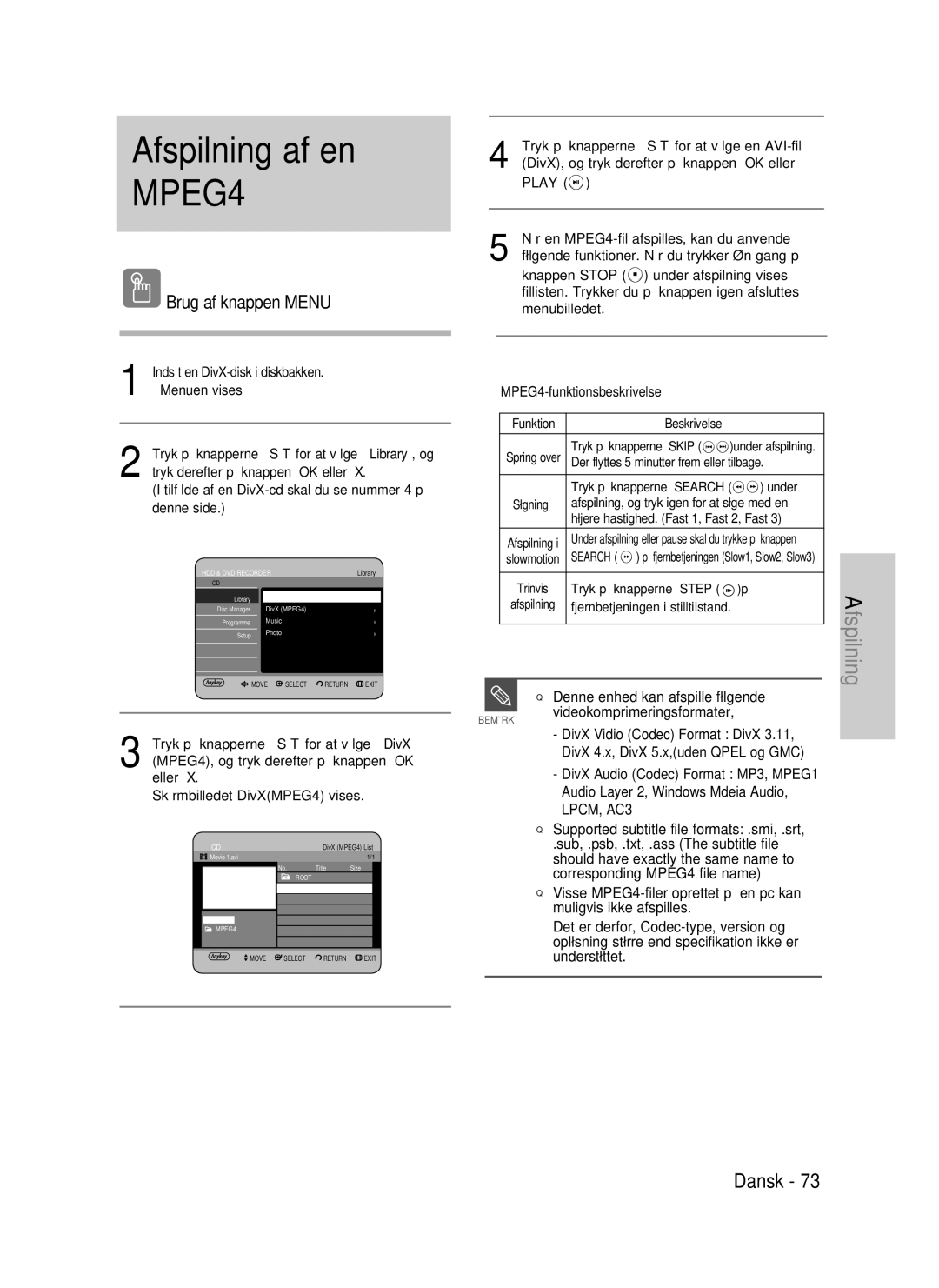 Samsung DVD-HR737/XEE, DVD-HR735/XEE manual Afspilning af en, Brug af knappen Menu, Denne enhed kan afspille følgende, Play 