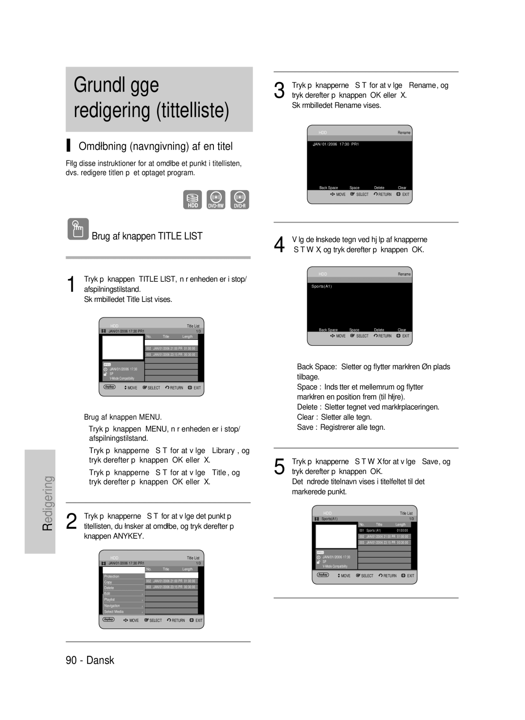 Samsung DVD-HR735/XEE, DVD-HR737/XEE manual Redigering tittelliste, Omdøbning navngivning af en titel, Brug af knappen Menu 