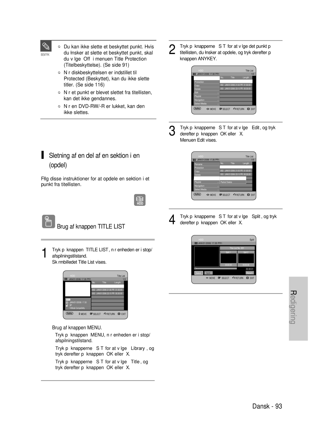 Samsung DVD-HR735/XEE Sletning af en del af en sektion i en opdel, Afspilningstilstand Skærmbilledet Title List vises 