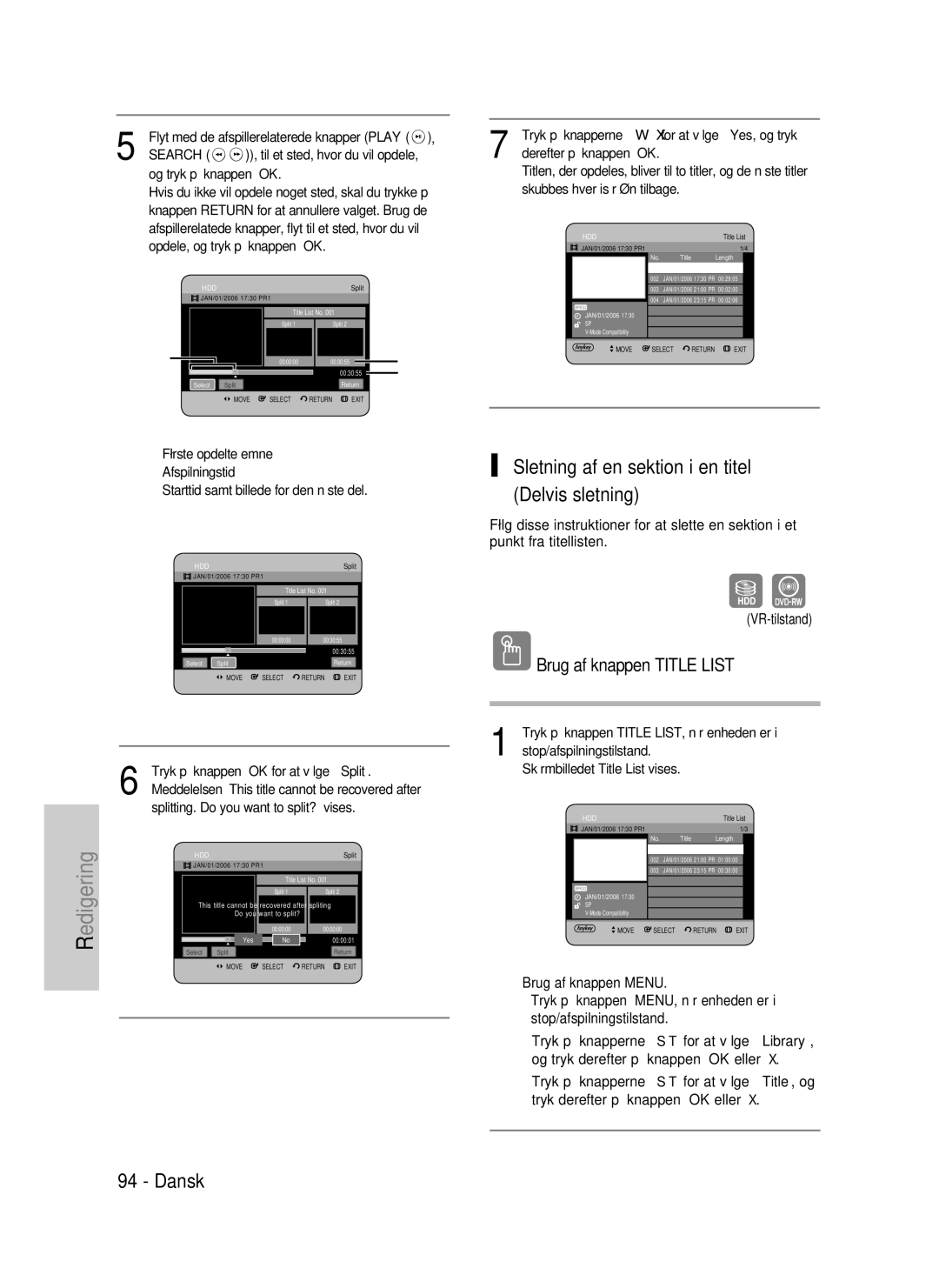 Samsung DVD-HR737/XEE, DVD-HR735/XEE Sletning af en sektion i en titel Delvis sletning, Tryk derefter på knappen OK eller 