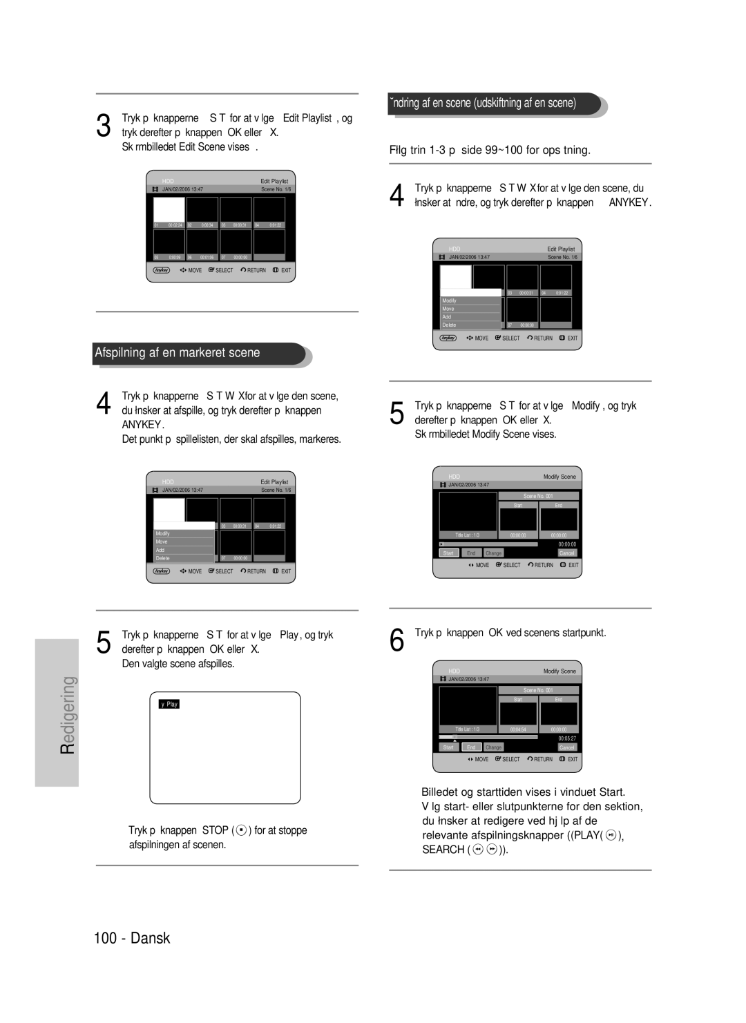 Samsung DVD-HR737/XEE, DVD-HR735/XEE manual Afspilning af en markeret scene, Ændring af en scene udskiftning af en scene 