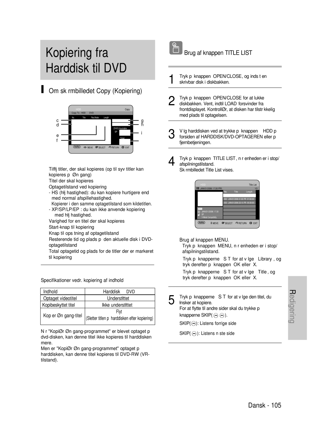 Samsung DVD-HR735/XEE manual Om skærmbilledet Copy Kopiering, Kopibeskyttet titel Ikke understøttet, Kopíer én gang-titel 