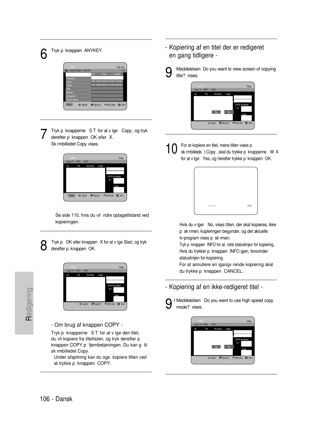 Samsung DVD-HR737/XEE manual Kopiering af en titel der er redigeret en gang tidligere, Kopiering af en ikke-redigeret titel 