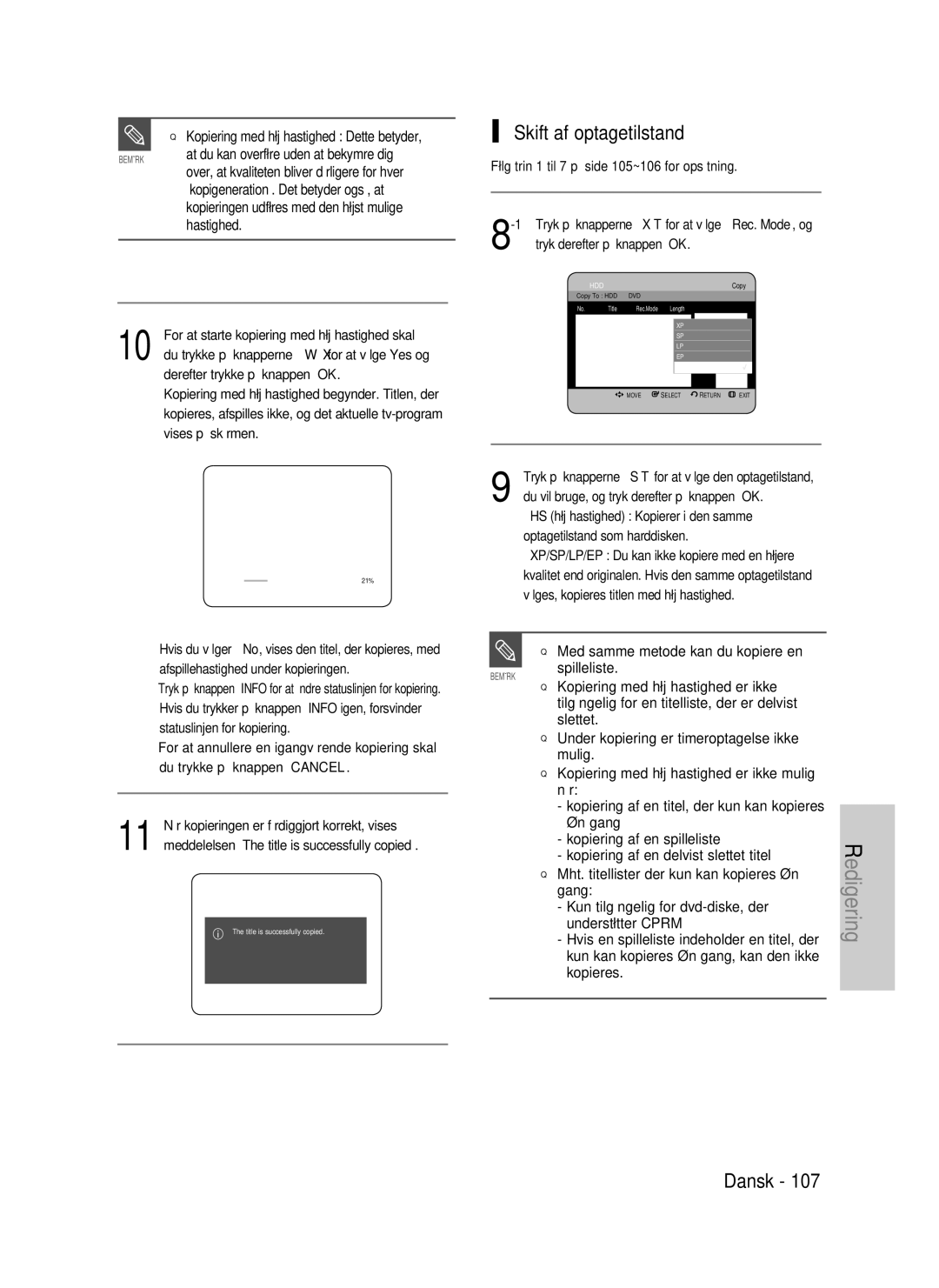 Samsung DVD-P390/XEE, DVD-HR735/XEE, DVD-HR737/XEE Skift af optagetilstand, Kopiering med høj hastighed Dette betyder, Når 