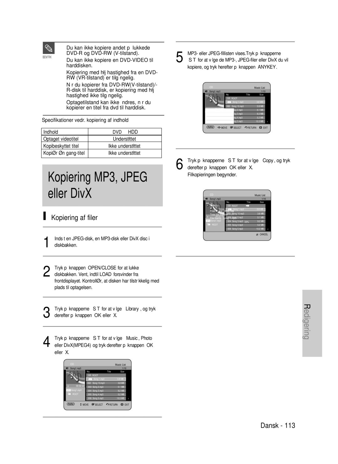 Samsung DVD-P390/XEE, DVD-HR735/XEE, DVD-HR737/XEE manual Kopiering af filer 