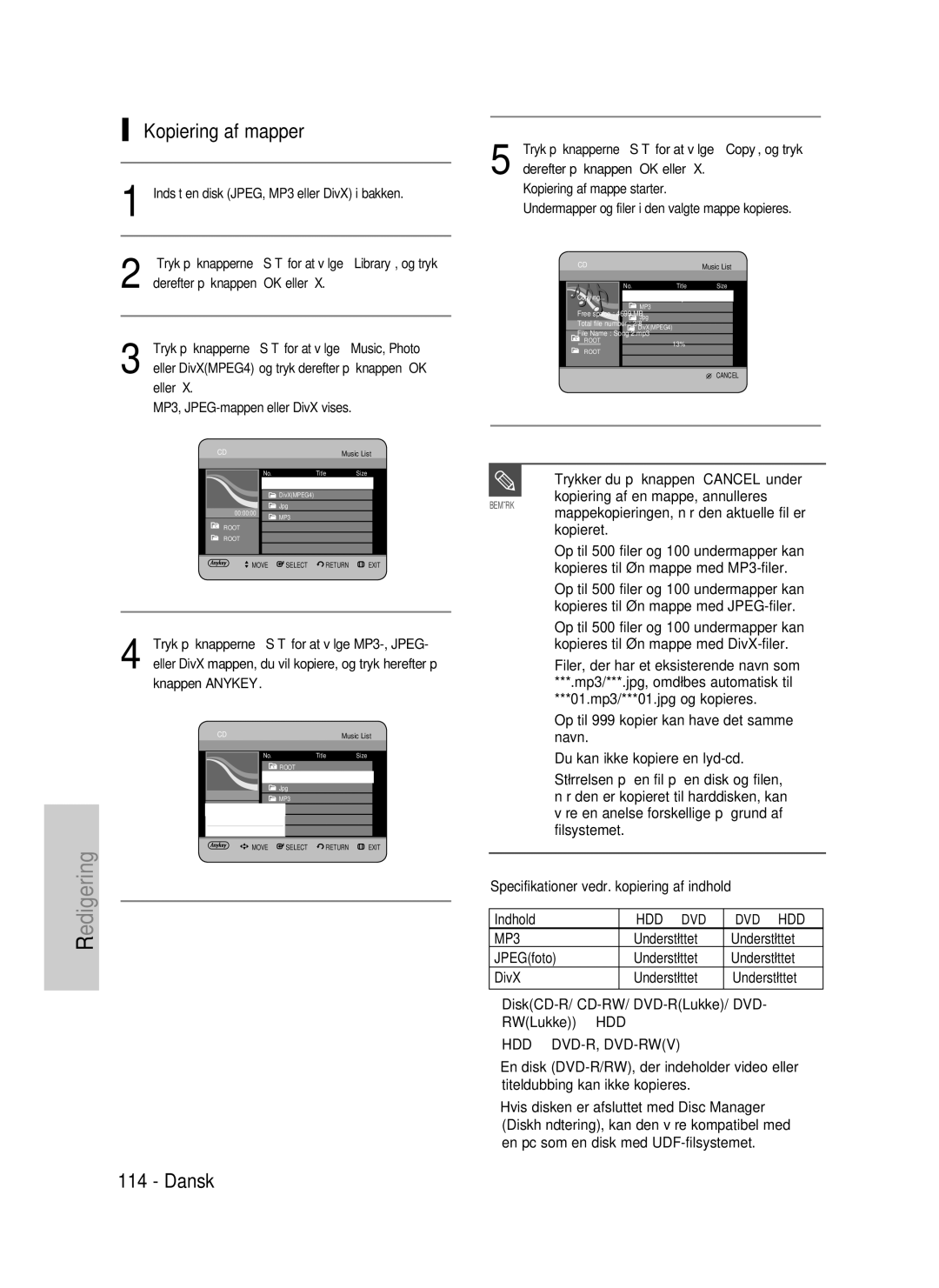 Samsung DVD-HR735/XEE, DVD-HR737/XEE manual Kopiering af mapper, Bemærk mappekopieringen, når den aktuelle fil er kopieret 