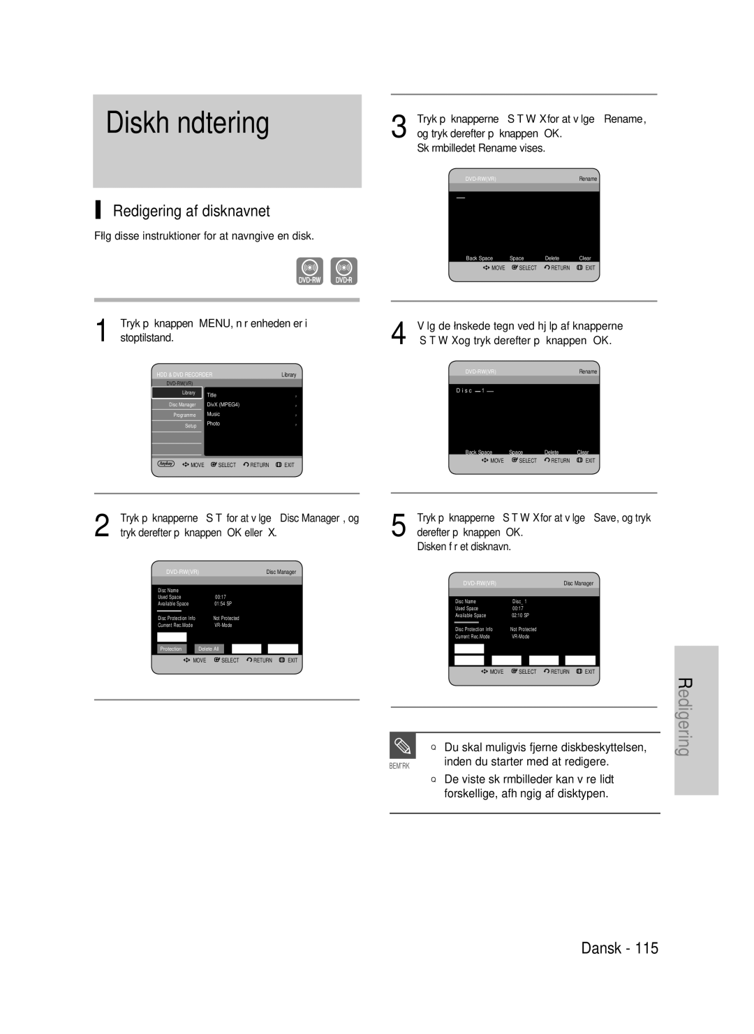 Samsung DVD-HR737/XEE manual Redigering af disknavnet, Følg disse instruktioner for at navngive en disk, Stoptilstand 