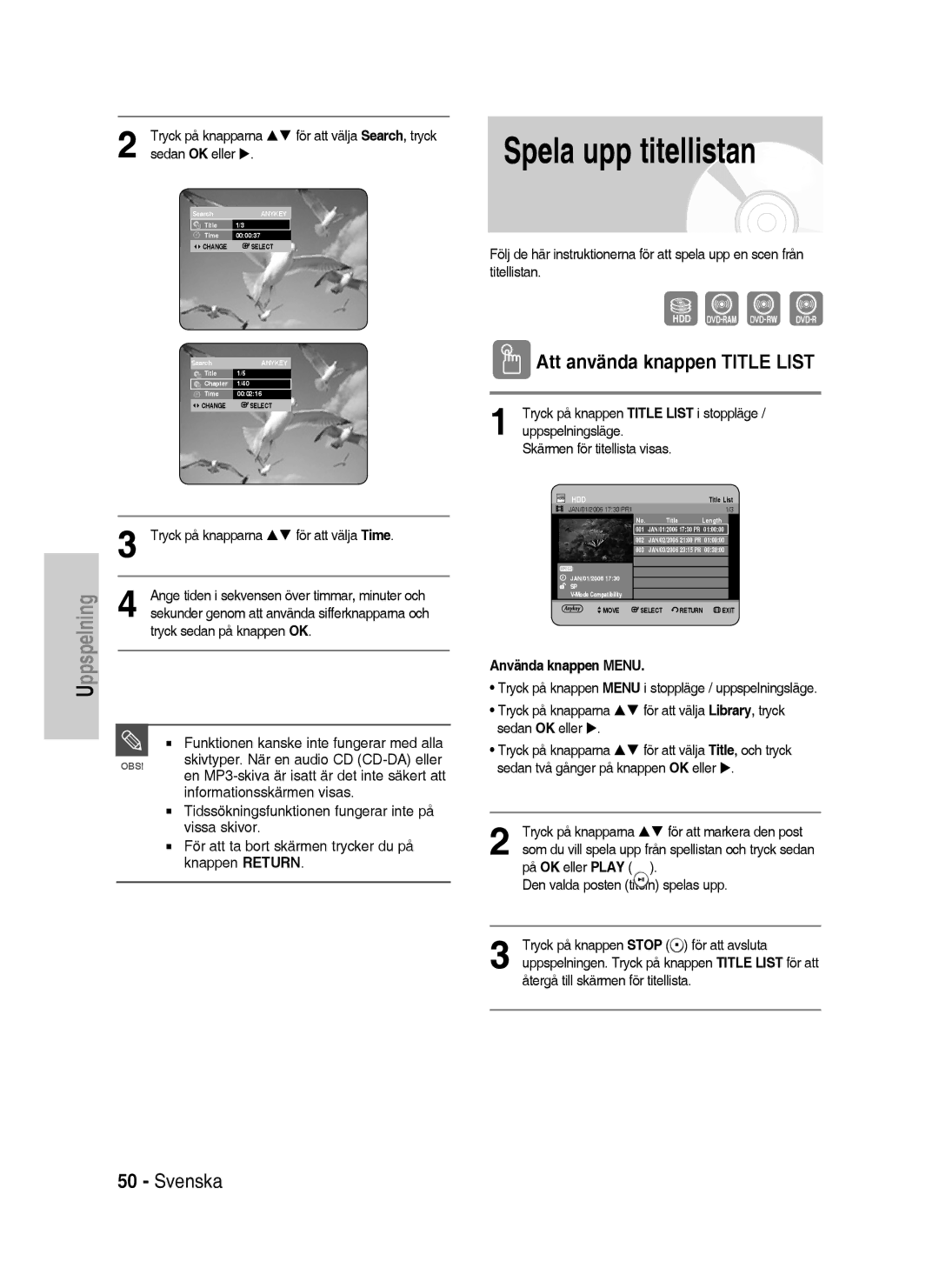 Samsung DVD-P390/XEE, DVD-HR735/XEE manual Spela upp titellistan, Att använda knappen Title List, Använda knappen Menu 