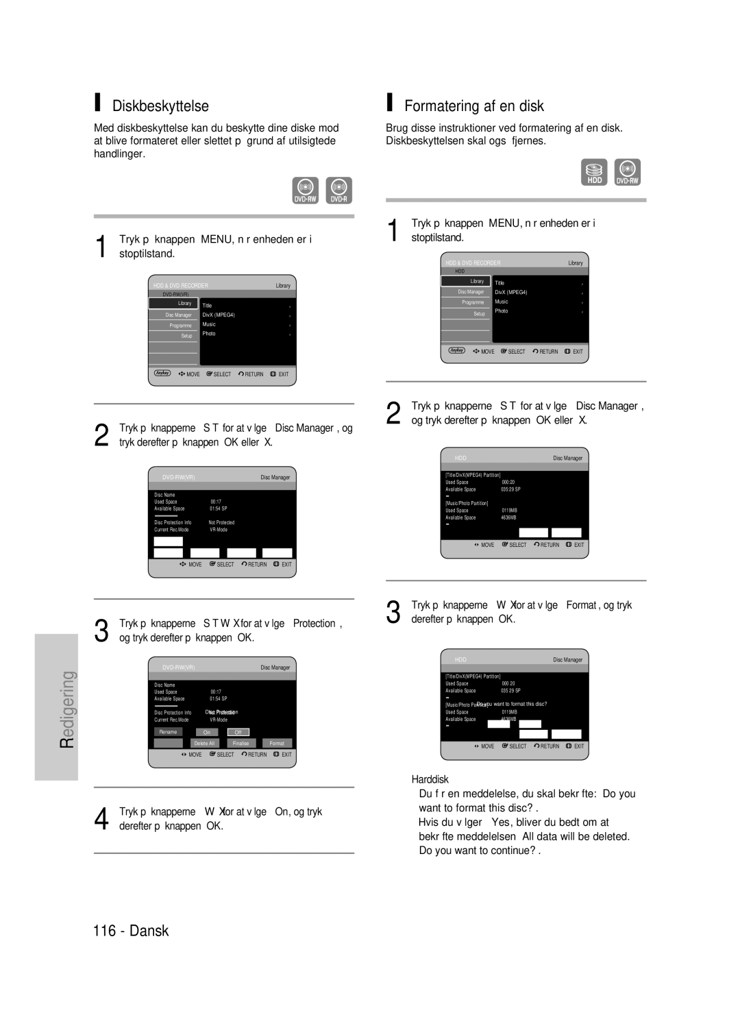 Samsung DVD-P390/XEE, DVD-HR735/XEE manual Diskbeskyttelse, Formatering af en disk, Harddisk, Og tryk derefter på knappen OK 