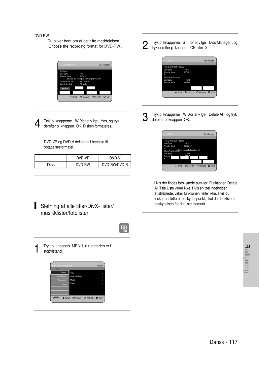 Samsung DVD-HR735/XEE, DVD-HR737/XEE, DVD-P390/XEE manual DVD-VR og DVD-V defineres i henhold til optagelsesformatet, Disk 