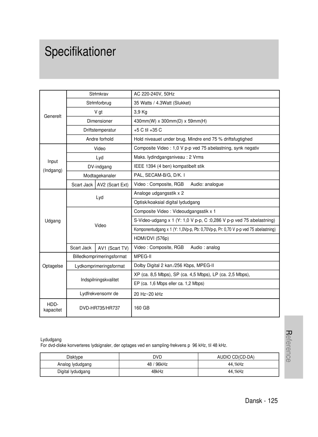 Samsung DVD-P390/XEE, DVD-HR735/XEE, DVD-HR737/XEE manual Lydudgang 