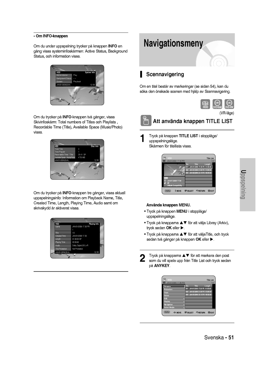 Samsung DVD-HR735/XEE, DVD-HR737/XEE, DVD-P390/XEE manual Navigationsmeny, Scennavigering 