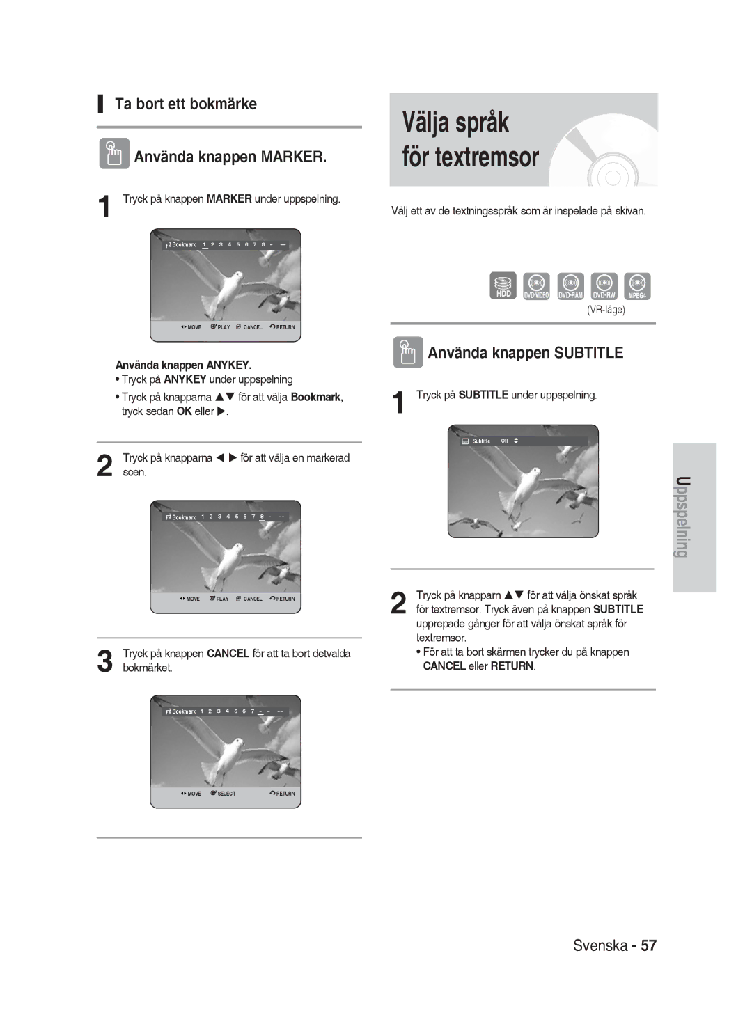 Samsung DVD-HR735/XEE Välja språk för textremsor, Ta bort ett bokmärke Använda knappen Marker, Använda knappen Subtitle 