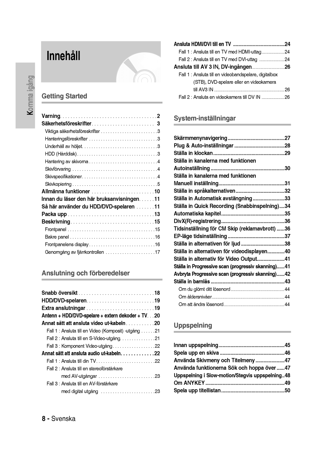 Samsung DVD-P390/XEE, DVD-HR735/XEE, DVD-HR737/XEE manual Innehåll, Ställa in kanalerna med funktionen 