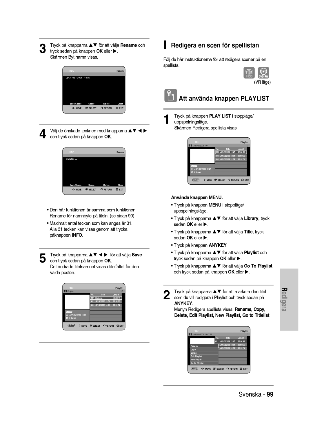 Samsung DVD-HR735/XEE manual Redigera en scen för spellistan, Att använda knappen Playlist, För att välja Playlist och 