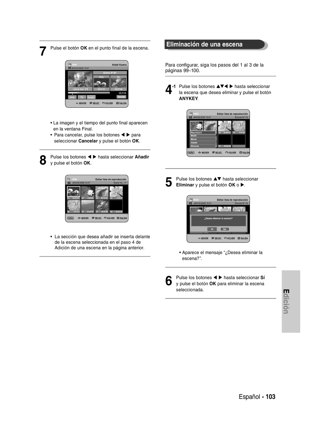 Samsung DVD-HR735/XEE, DVD-HR735/XEG, DVD-HR737/XEG, DVD-HR735/XEB, DVD-HR737/XEB, DVD-HR737/XEF Eliminación de una escena 