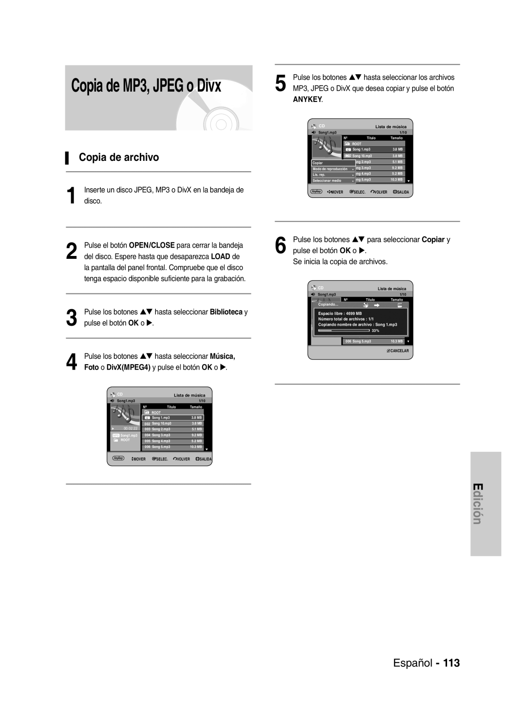 Samsung DVD-HR735/XEH, DVD-HR735/XEG manual Copia de archivo, Inserte un disco JPEG, MP3 o DivX en la bandeja de disco 