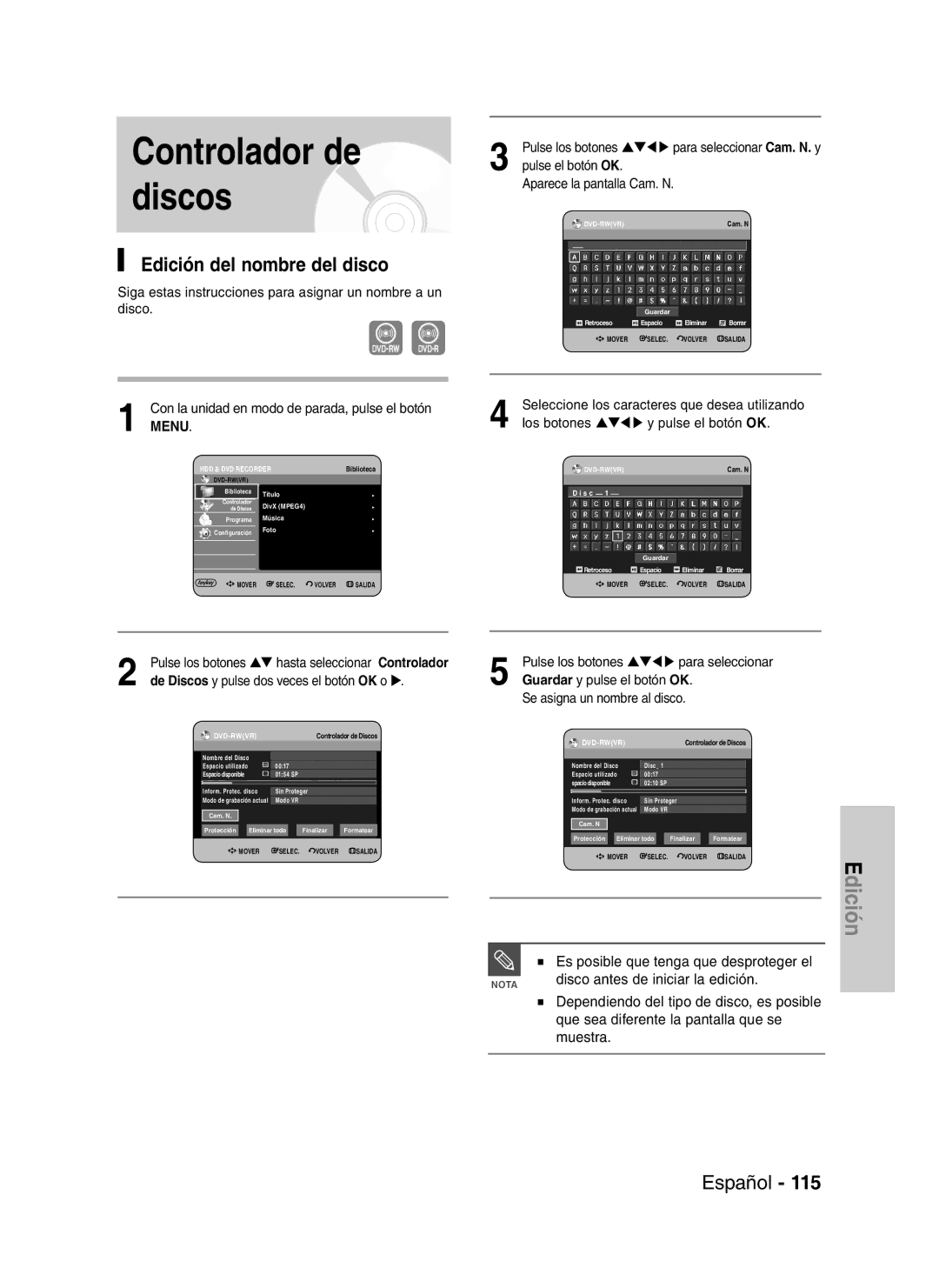 Samsung DVD-HR737/XEG, DVD-HR735/XEG, DVD-HR735/XEB Edición del nombre del disco, Es posible que tenga que desproteger el 