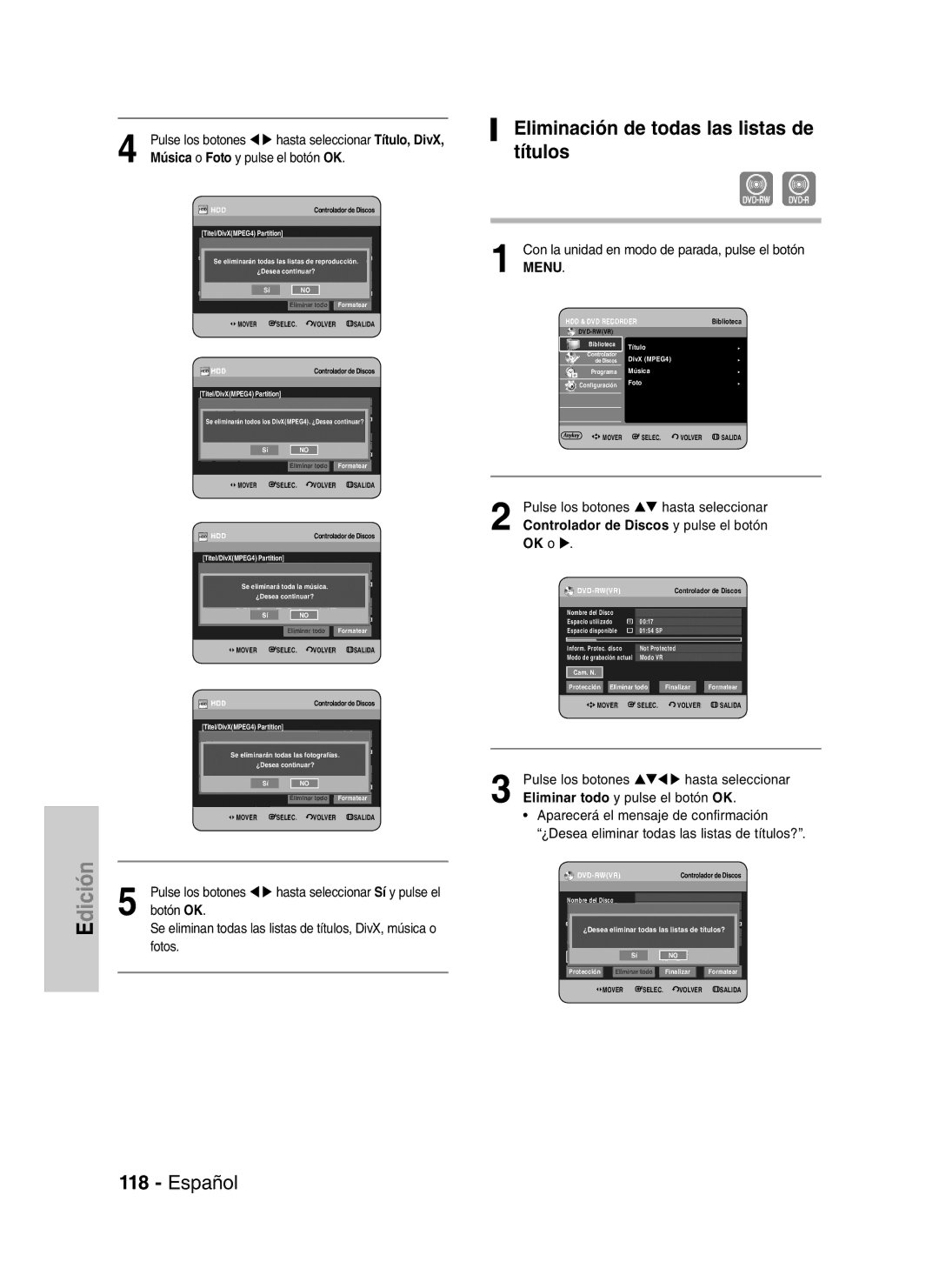 Samsung DVD-HR737/XEF, DVD-HR735/XEG Eliminación de todas las listas de títulos, OK o, Eliminar todo y pulse el botón OK 