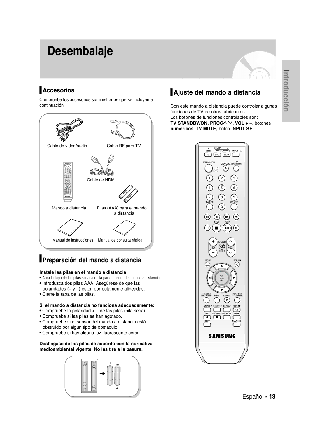 Samsung DVD-HR735/XEC, DVD-HR735/XEG manual Accesorios, Preparación del mando a distancia, Ajuste del mando a distancia 