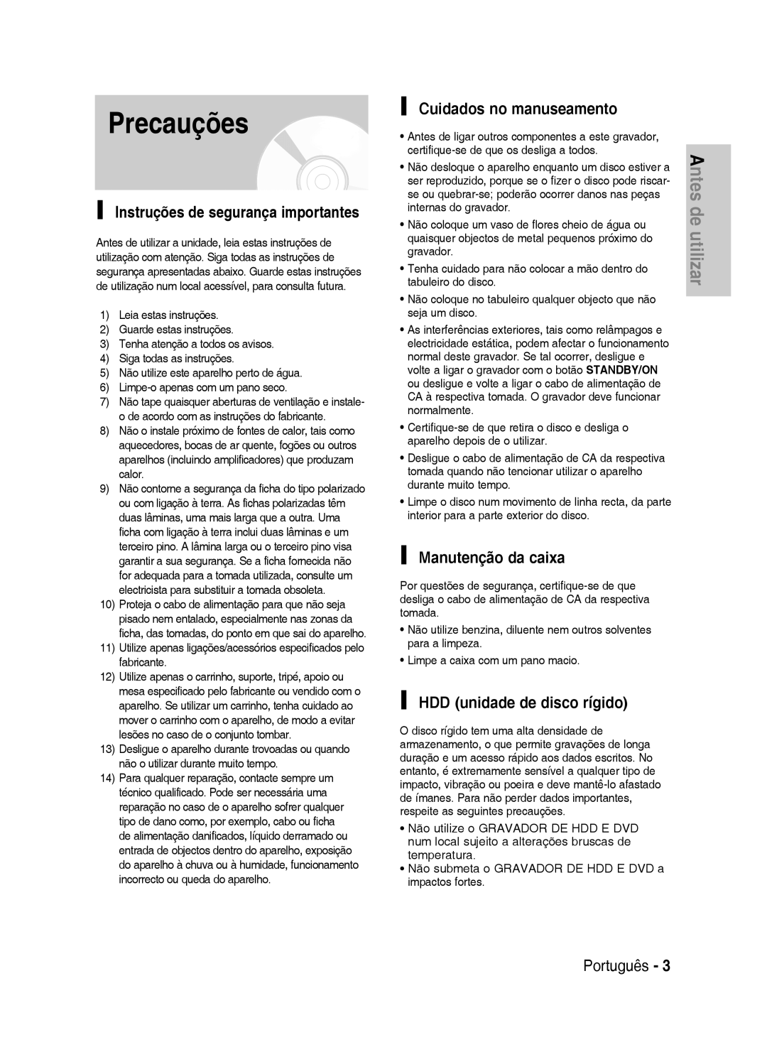 Samsung DVD-HR735/XEH manual Precauções, Cuidados no manuseamento, Manutenção da caixa, HDD unidade de disco rígido 