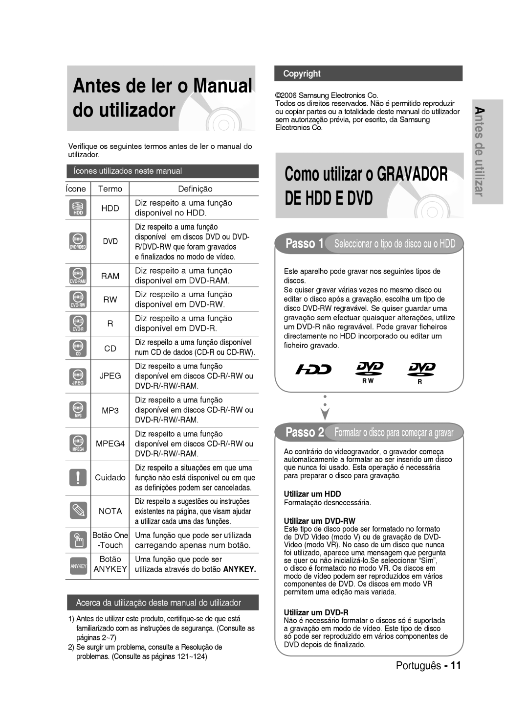 Samsung DVD-HR737/EUR, DVD-HR735/XEG manual Antes de ler o Manual do utilizador, Utilizar um HDD, Utilizar um DVD-RW 