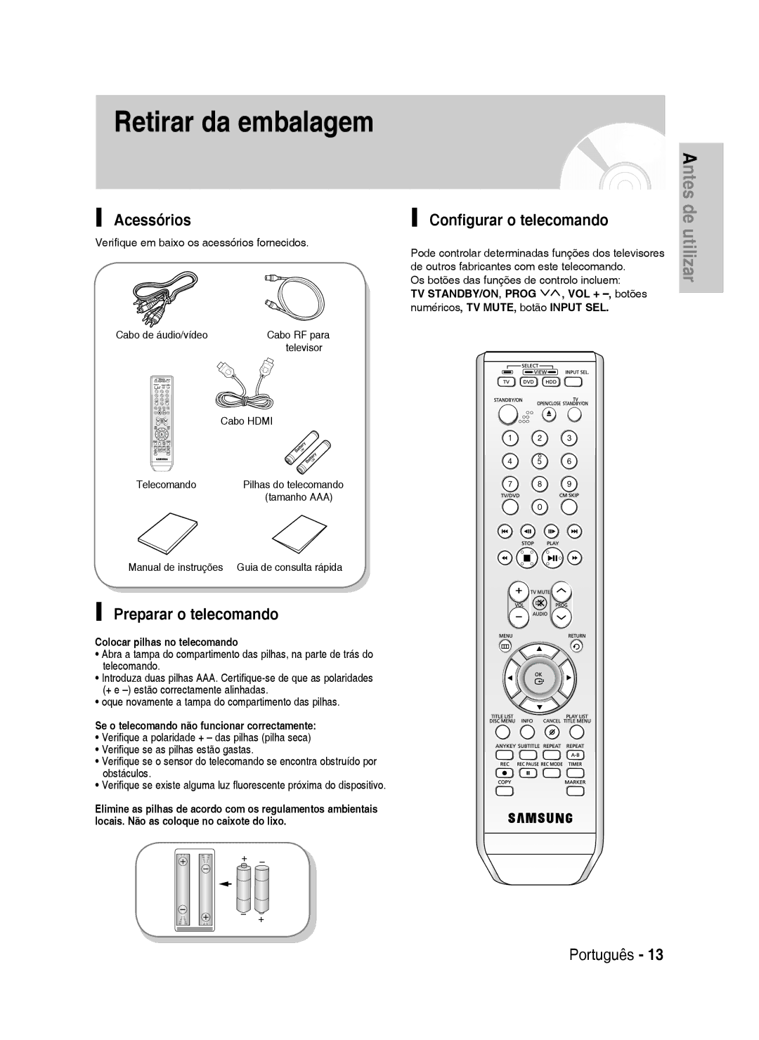 Samsung DVD-HR735/XEN manual Acessórios, Preparar o telecomando, Configurar o telecomando, Colocar pilhas no telecomando 