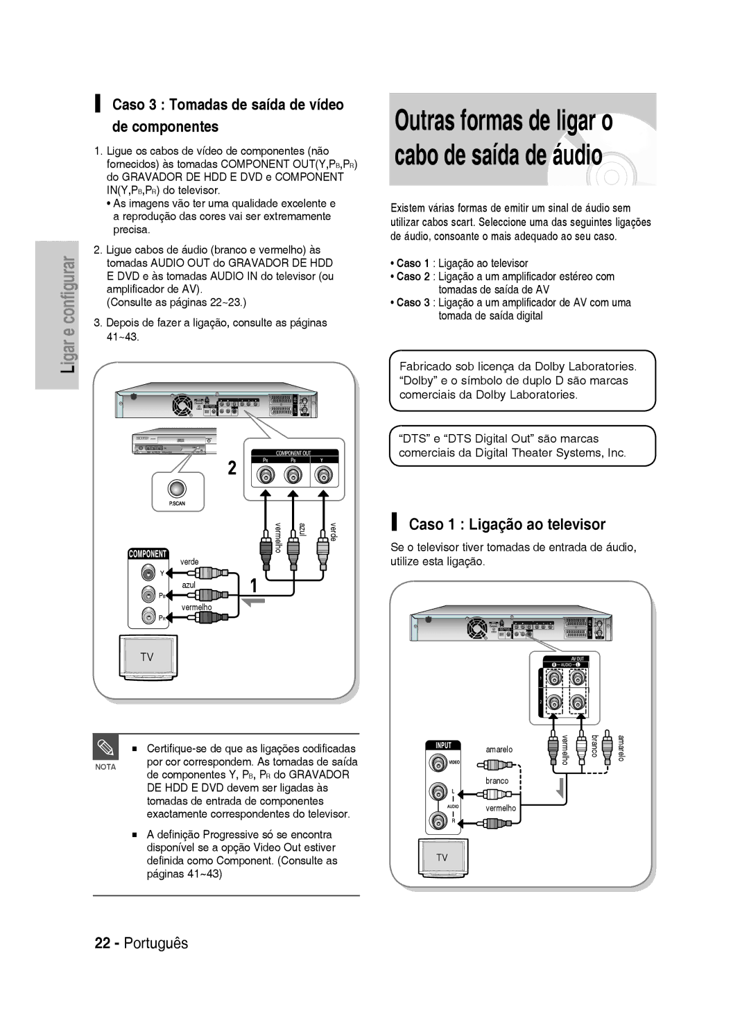 Samsung DVD-HR735/XEH, DVD-HR735/XEG manual Caso 3 Tomadas de saída de vídeo de componentes, Caso 1 Ligação ao televisor 