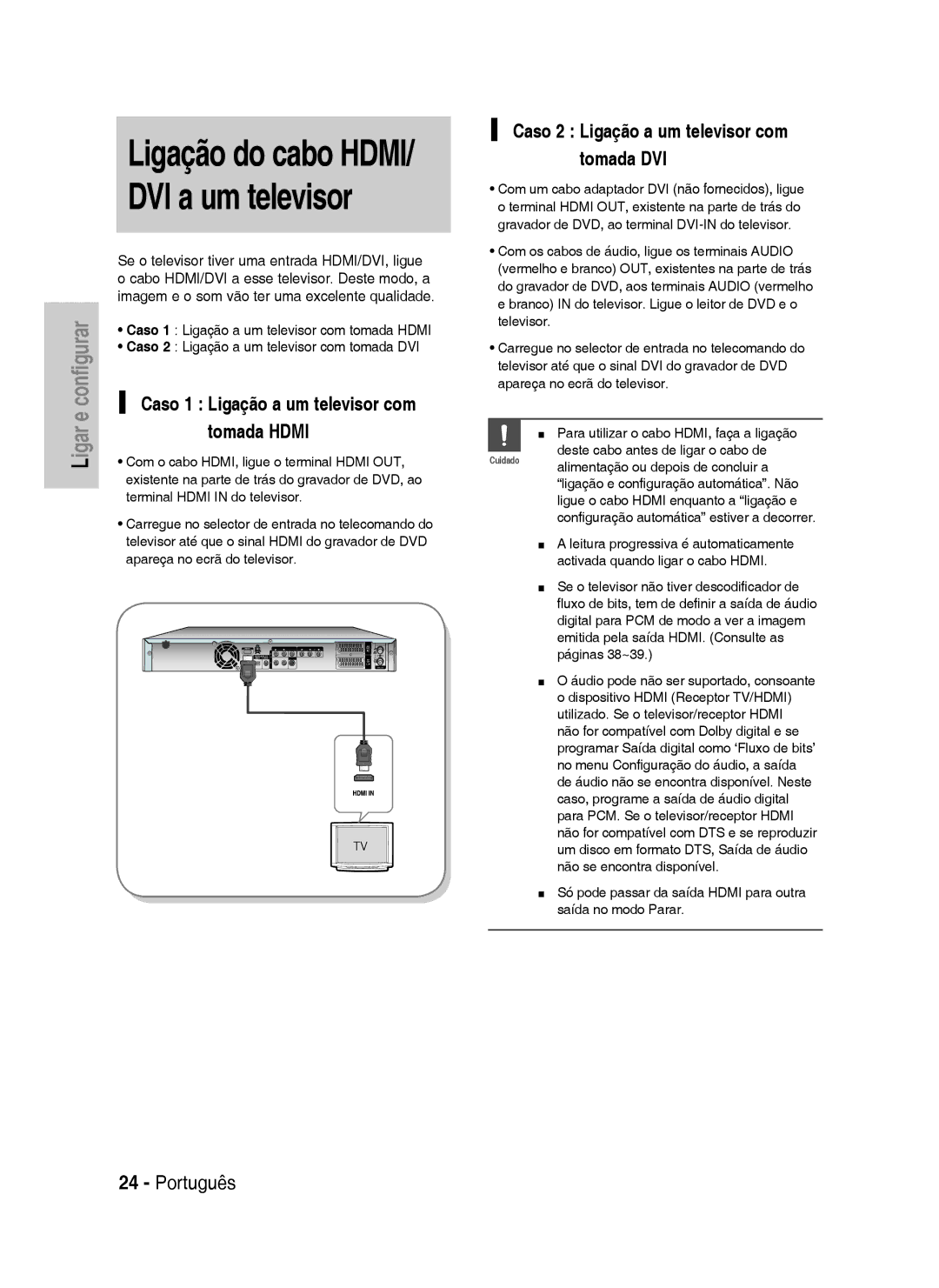 Samsung DVD-HR737/XEG manual Caso 1 Ligação a um televisor com tomada Hdmi, Caso 2 Ligação a um televisor com tomada DVI 