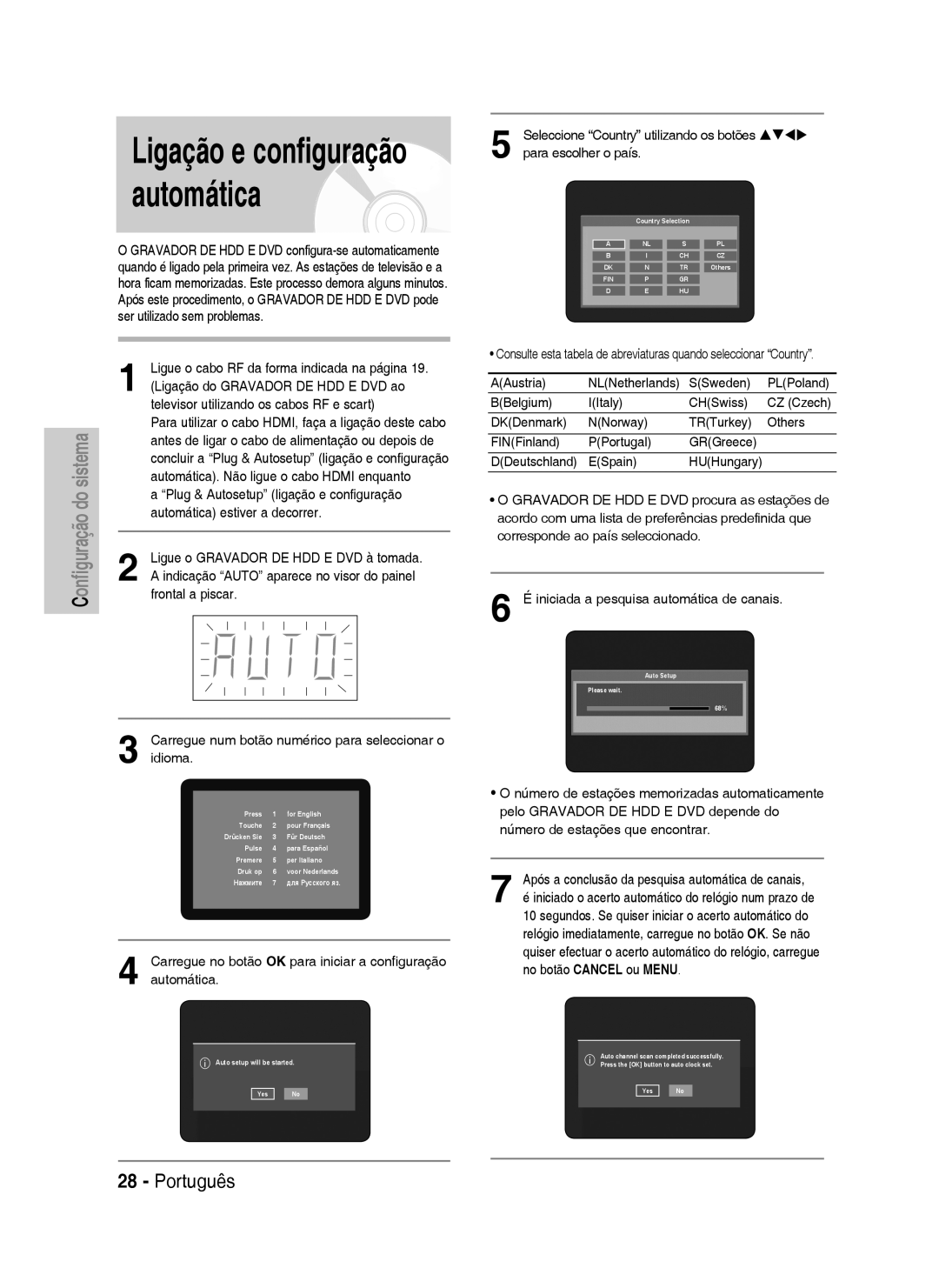 Samsung DVD-HR735/XEF, DVD-HR735/XEG manual Carregue num botão numérico para seleccionar o, Idioma, Para escolher o país 