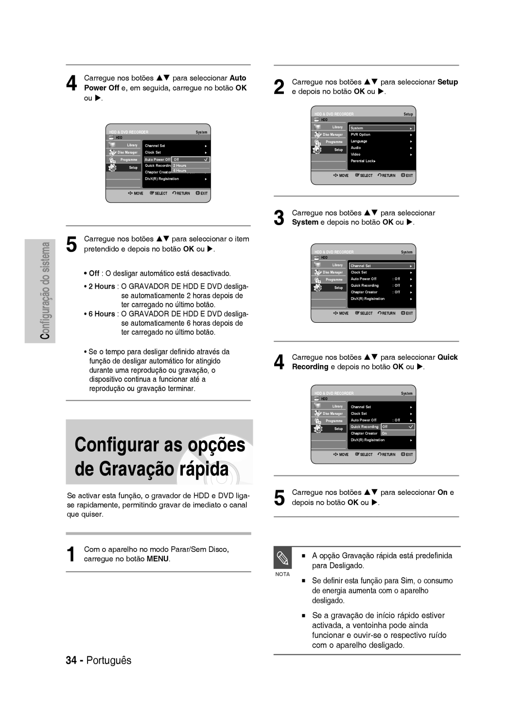 Samsung DVD-HR737/XEU manual Opção Gravação rápida está predefinida para Desligado, De energia aumenta com o aparelho 