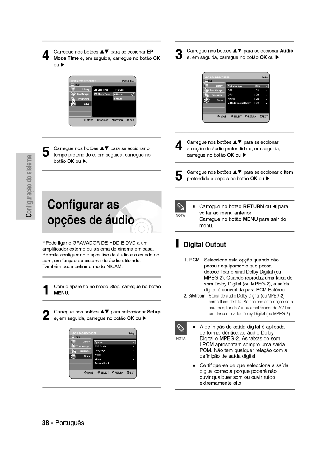 Samsung DVD-HR737/XEE, DVD-HR735/XEG, DVD-HR737/XEG, DVD-HR735/XEB manual Configurar as, Opções de áudio, Digital Output 