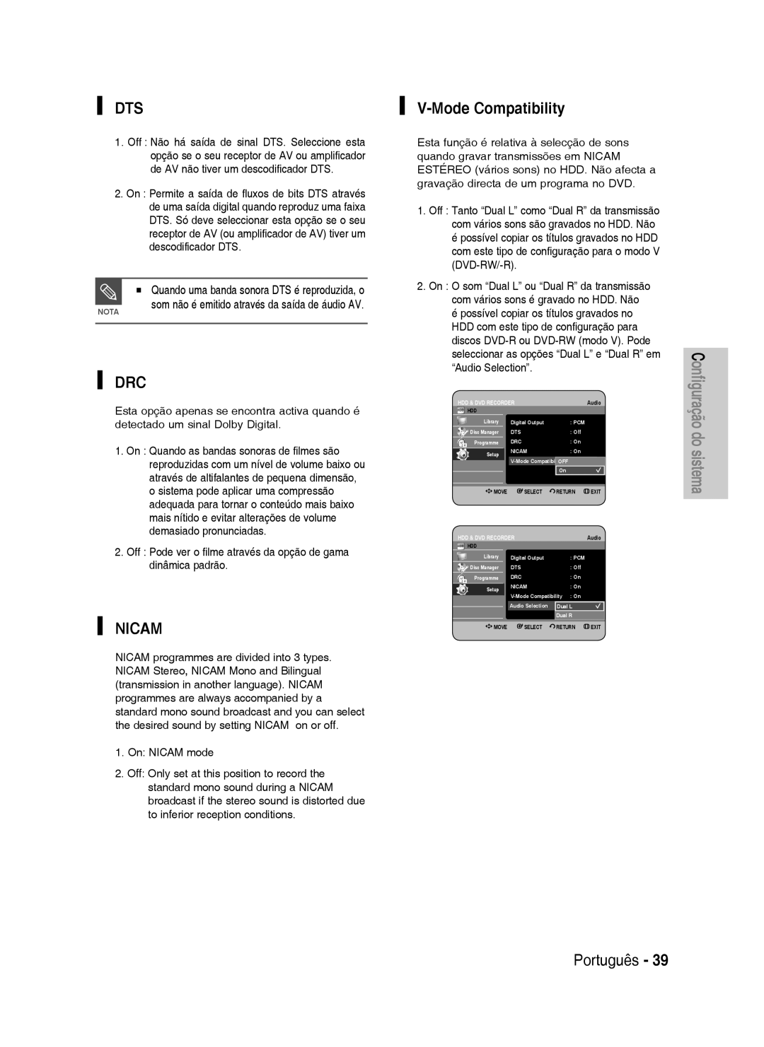 Samsung DVD-HR735/EUR, DVD-HR735/XEG, DVD-HR737/XEG manual Mode Compatibility, Som não é emitido através da saída de áudio AV 