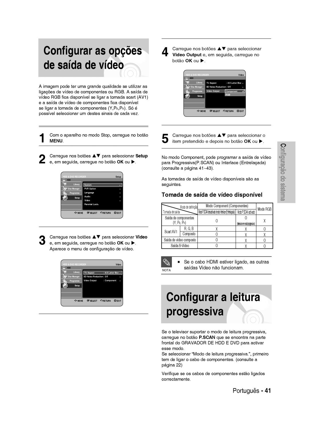 Samsung DVD-HR735/XEH, DVD-HR735/XEG manual De saída de vídeo, Configurar as opções, Configurar a leitura progressiva 