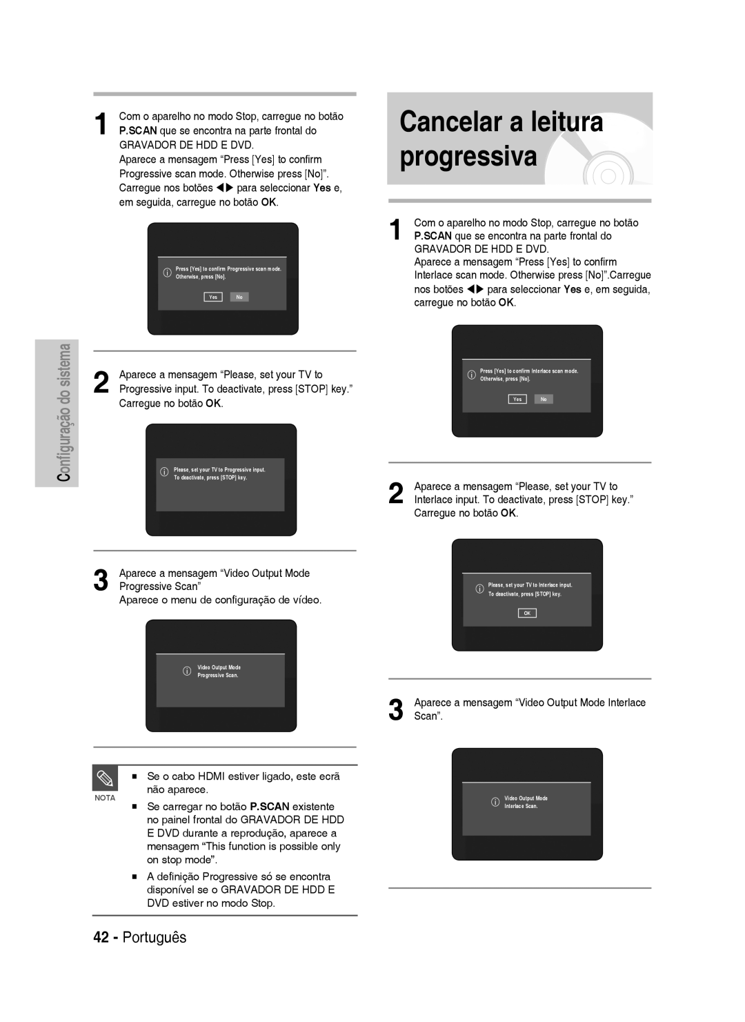 Samsung DVD-HR735/XEG Cancelar a leitura progressiva, Gravador DE HDD E DVD, Aparece a mensagem Please, set your TV to 