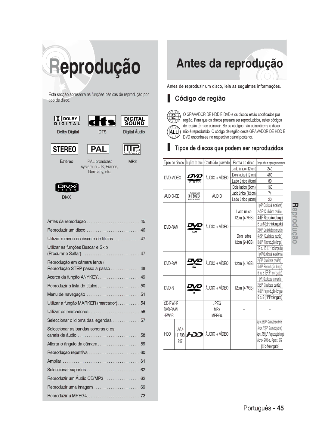 Samsung DVD-HR737/XEB, DVD-HR735/XEG Antes da reprodução, Código de região, Tipos de discos que podem ser reproduzidos 