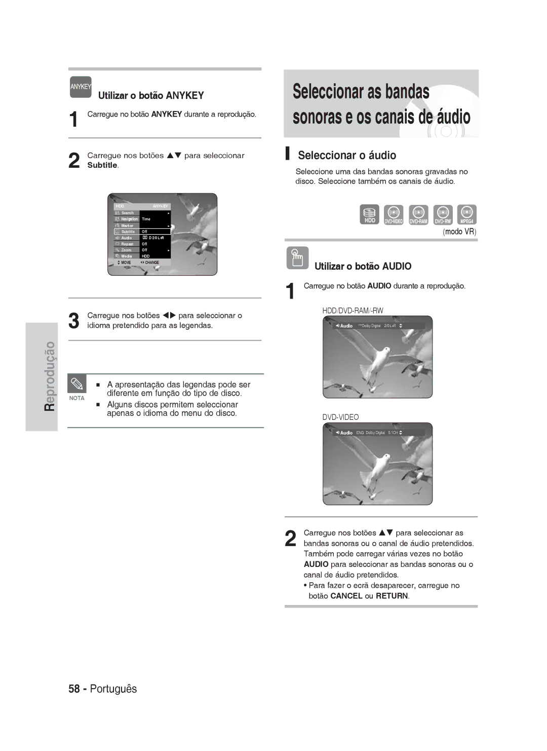 Samsung DVD-HR735/EUR, DVD-HR735/XEG Seleccionar o áudio, Utilizar o botão Audio, Diferente em função do tipo de disco 