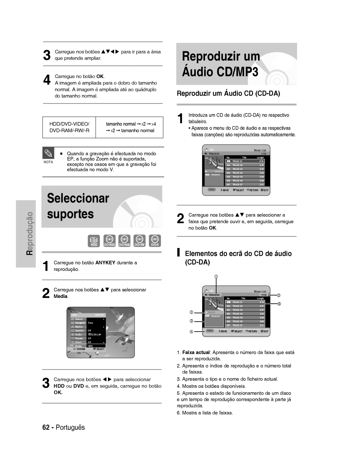 Samsung DVD-HR737/XEG, DVD-HR735/XEG manual Seleccionar, Suportes, Reproduzir um Áudio CD/MP3, Reproduzir um Áudio CD CD-DA 