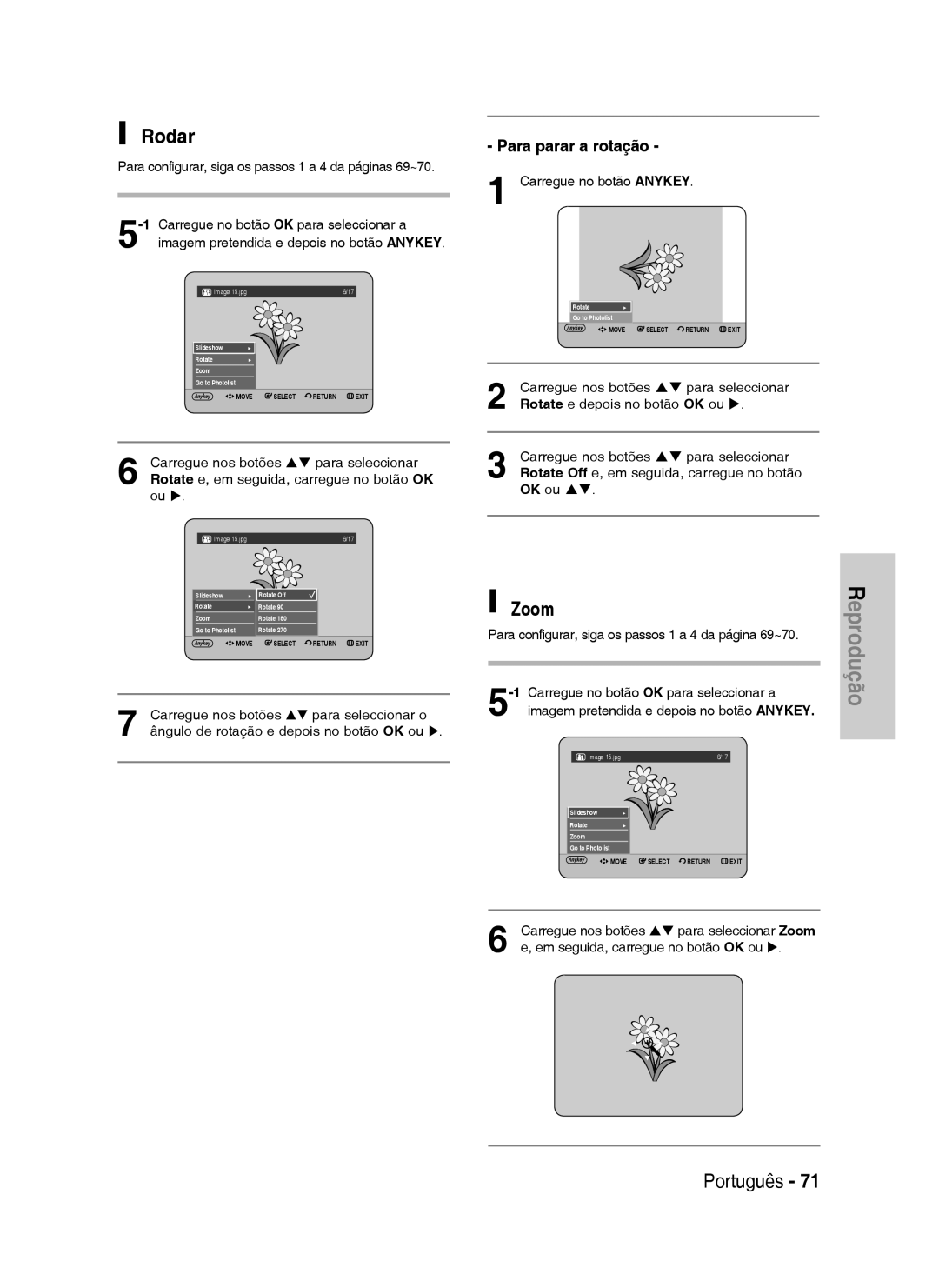 Samsung DVD-HR737/XEC, DVD-HR735/XEG Rodar, Para parar a rotação, Para configurar, siga os passos 1 a 4 da página 69~70 