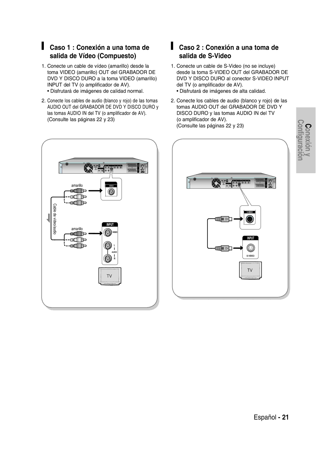 Samsung DVD-HR735/XEB, DVD-HR735/XEG manual Caso 2 Conexión a una toma de salida de S-Video, Consulte las páginas 22 y 