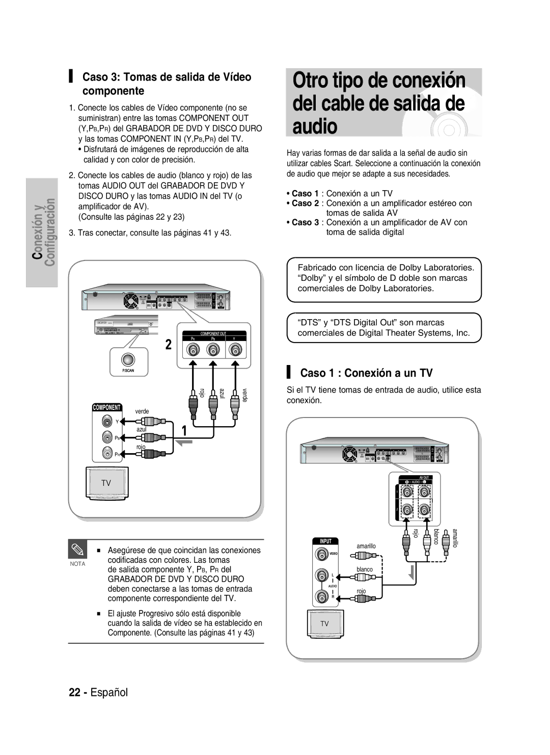 Samsung DVD-HR737/XEB manual Otro tipo de conexión del cable de salida de audio, Caso 3 Tomas de salida de Vídeo componente 