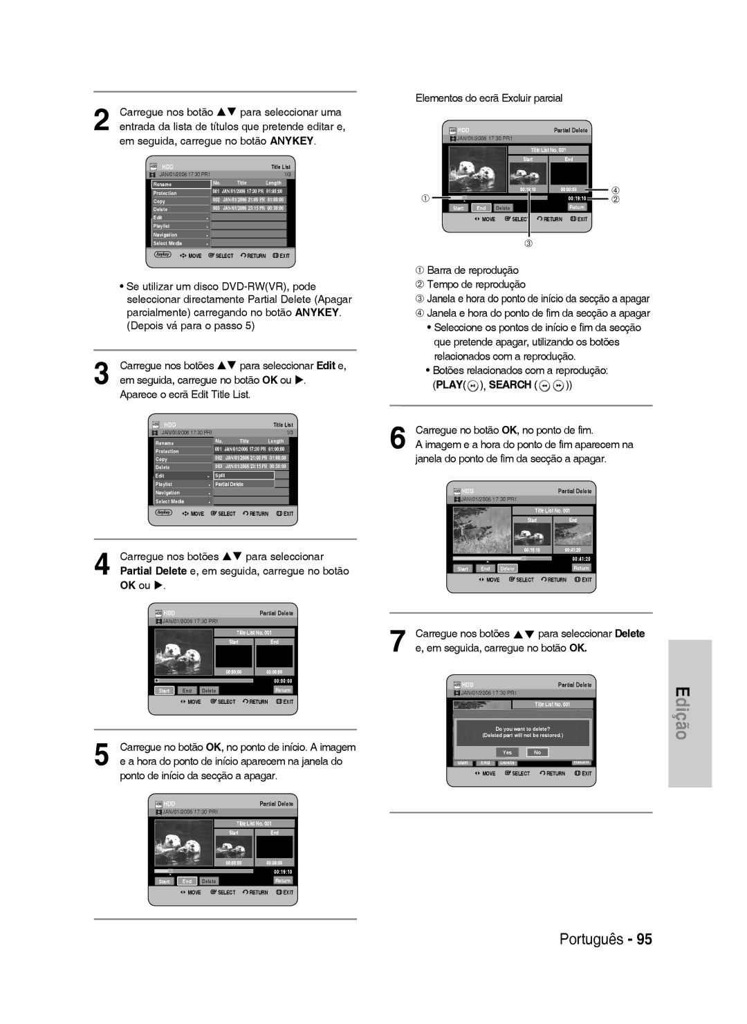 Samsung DVD-HR737/XEE, DVD-HR735/XEG manual Elementos do ecrã Excluir parcial, ➀ Barra de reprodução ➁ Tempo de reprodução 