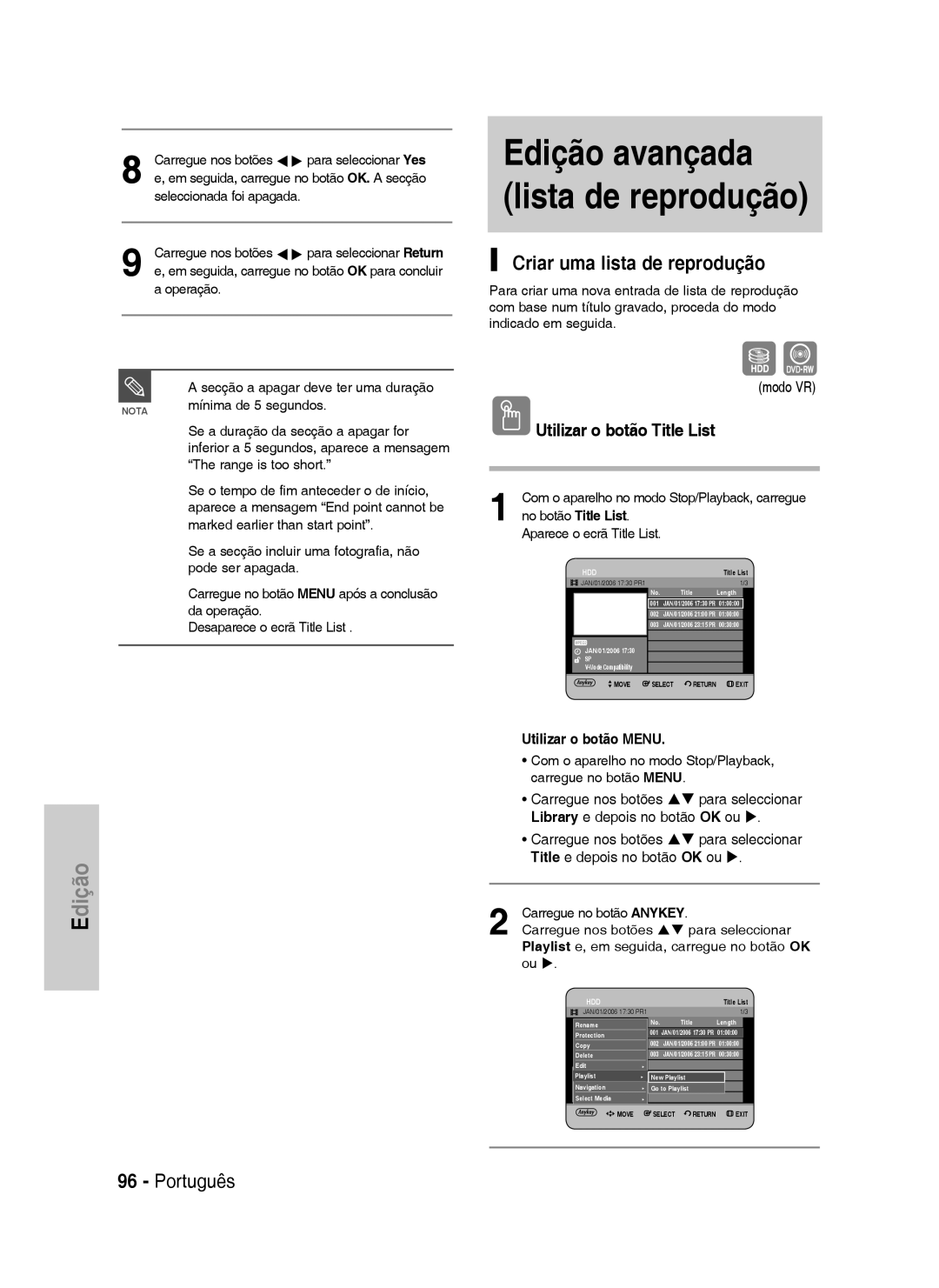 Samsung DVD-HR735/EUR manual Edição avançada lista de reprodução, Criar uma lista de reprodução, No botão Title List 