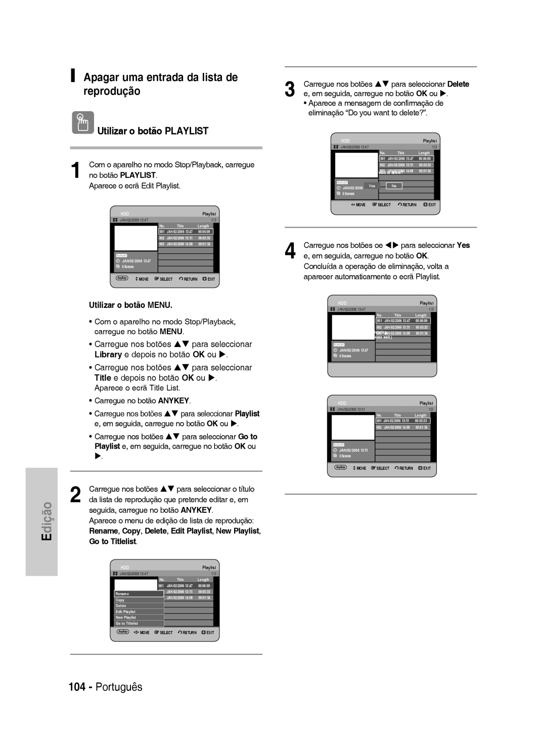 Samsung DVD-HR735/XEF, DVD-HR735/XEG, DVD-HR737/XEG Apagar uma entrada da lista de reprodução, Utilizar o botão Playlist 